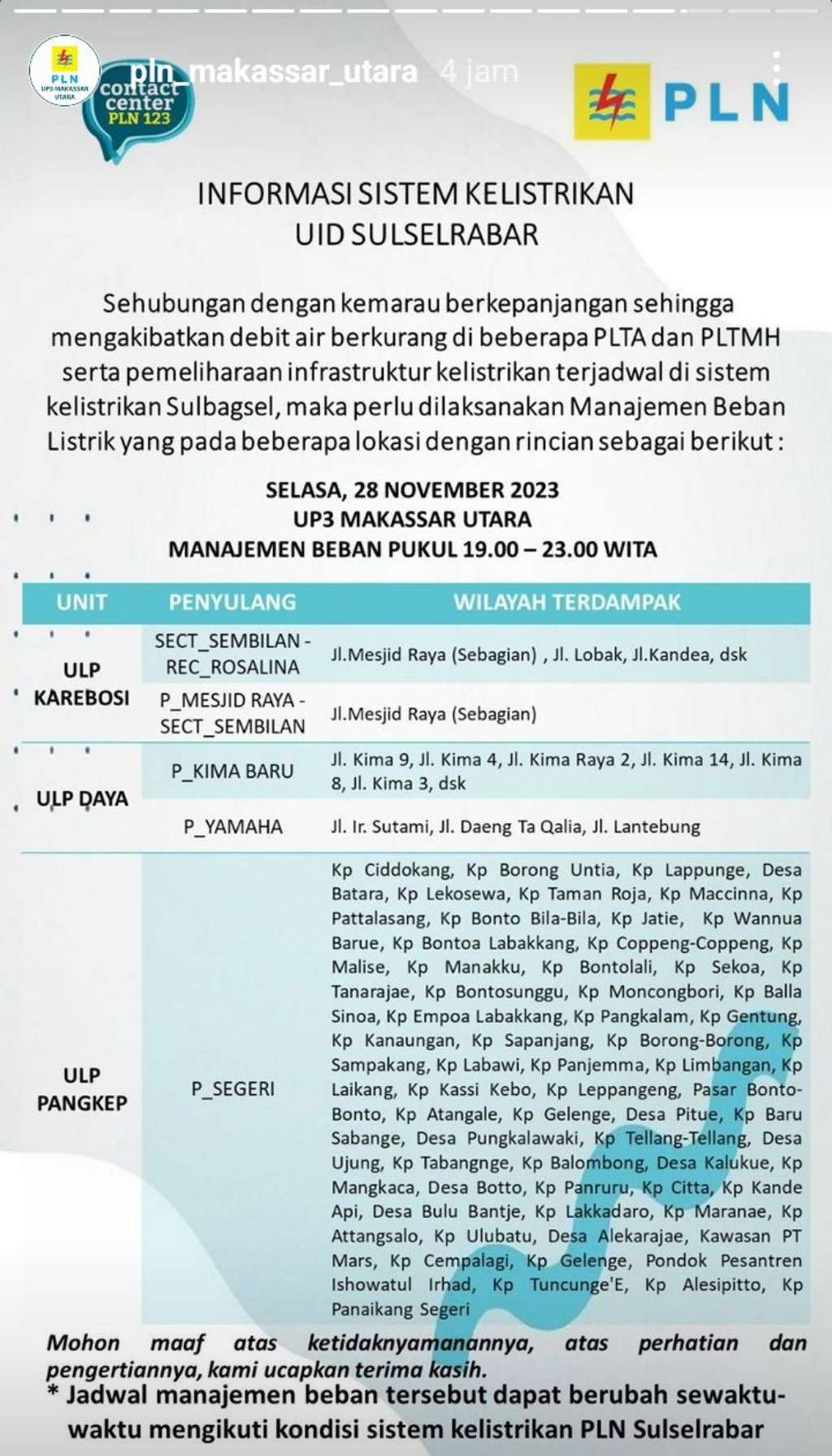 Jadwal Pemadaman Listrik di Makassar Hari Ini, 28 November 2023