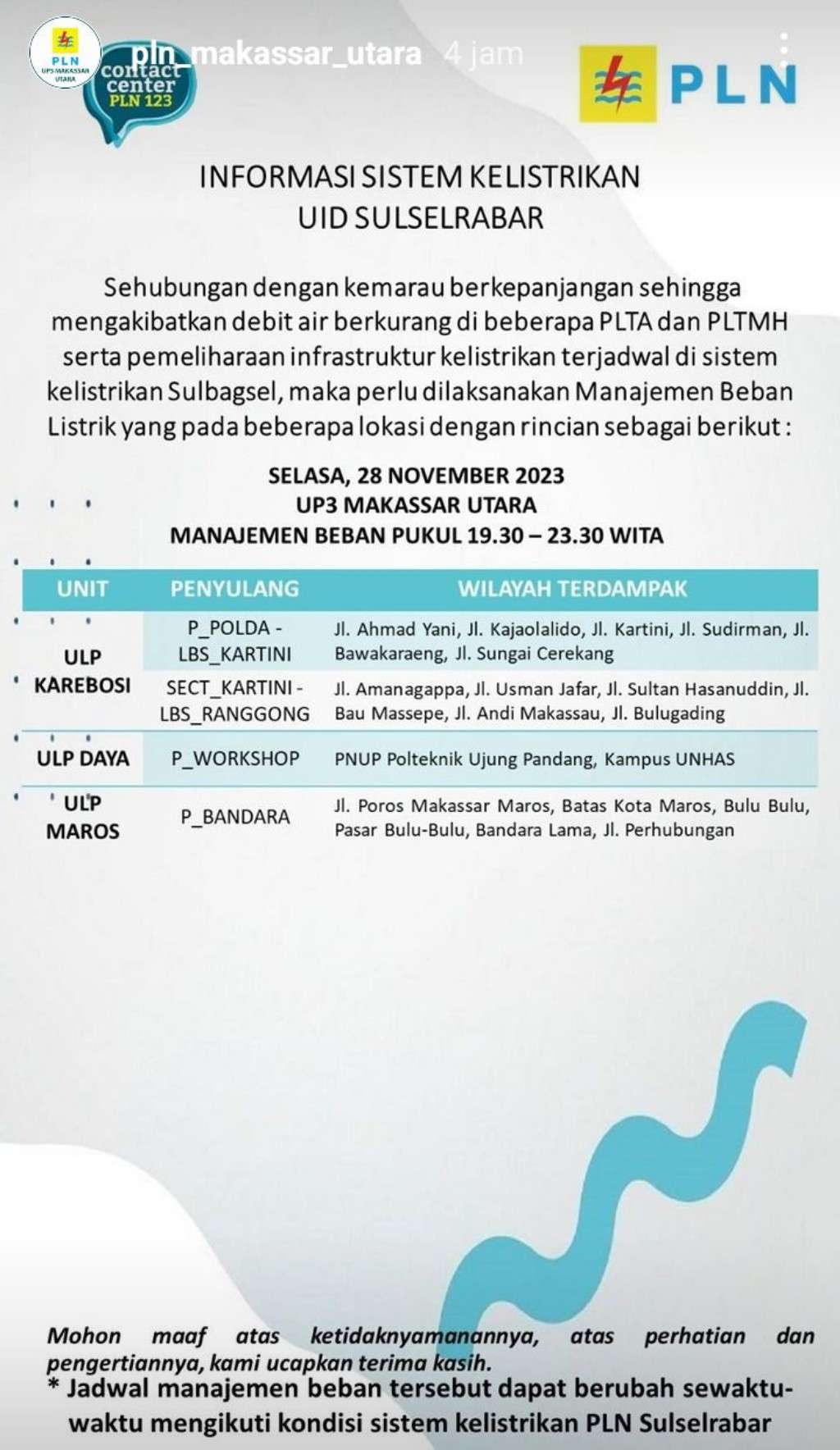 Jadwal Pemadaman Listrik di Makassar Hari Ini, 28 November 2023