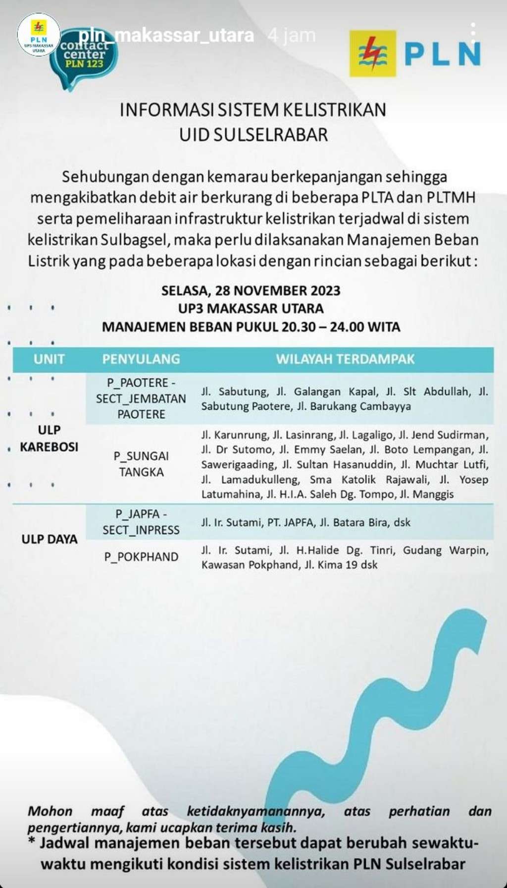 Jadwal Pemadaman Listrik di Makassar Hari Ini, 28 November 2023
