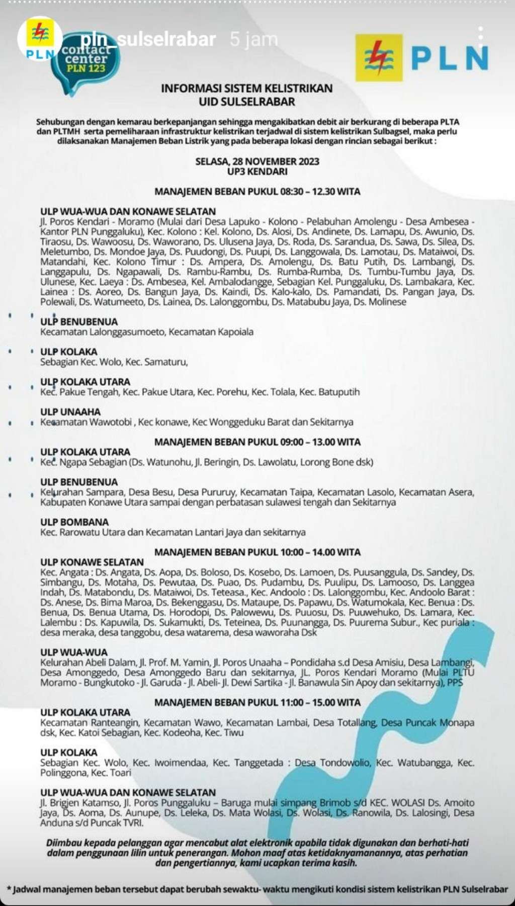 Jadwal Pemadaman Listrik di Kendari Hari Ini, 28 November 2023