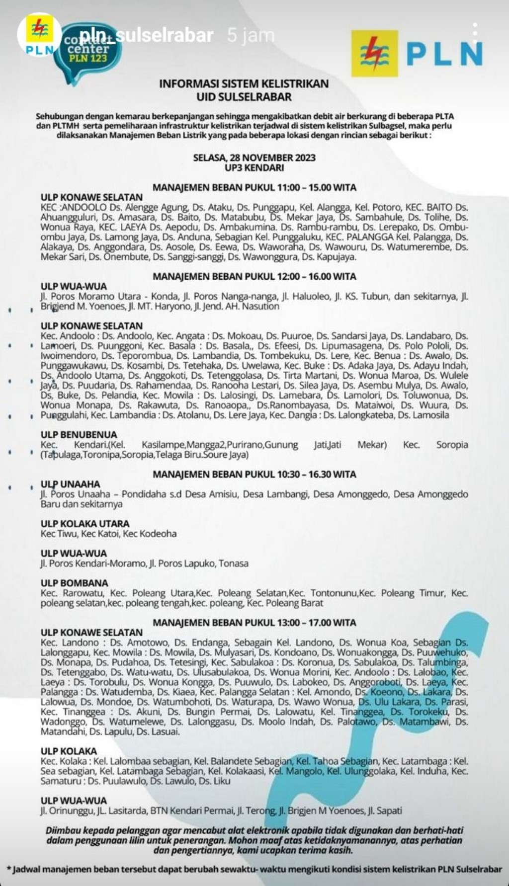 Jadwal Pemadaman Listrik di Kendari Hari Ini, 28 November 2023
