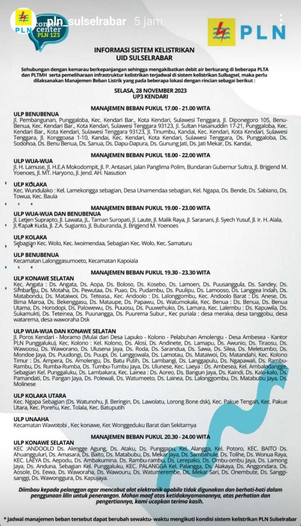 Jadwal Pemadaman Listrik di Kendari Hari Ini, 28 November 2023