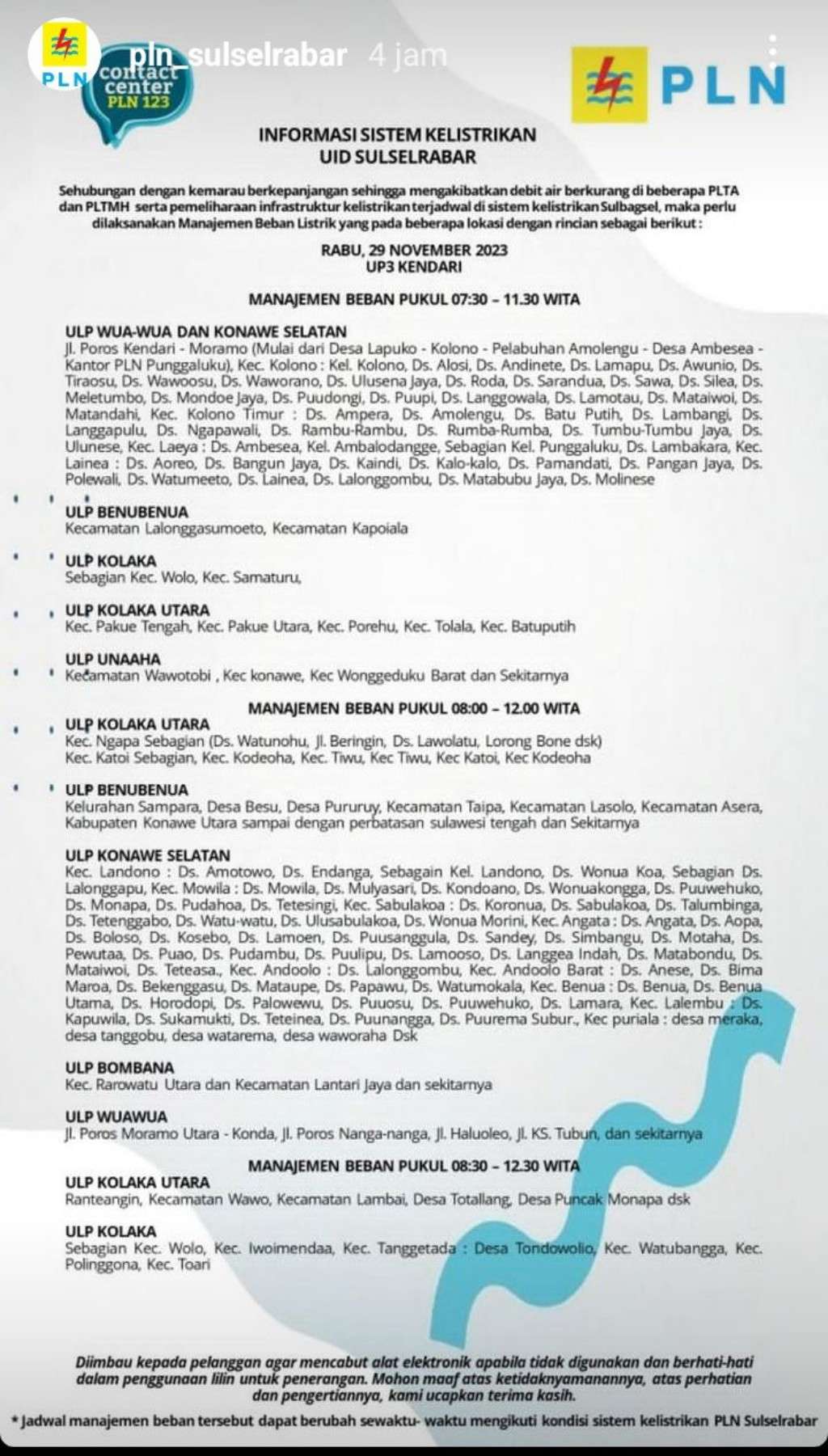 Jadwal Pemadaman Listrik di Kendari Hari Ini, 29 November 2023