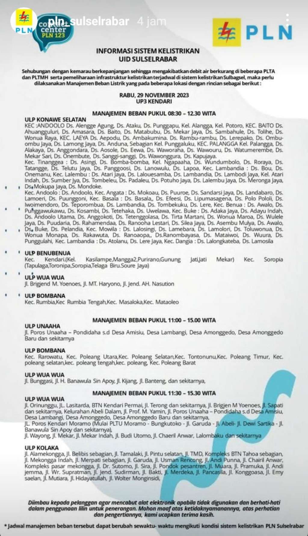Jadwal Pemadaman Listrik di Kendari Hari Ini, 29 November 2023