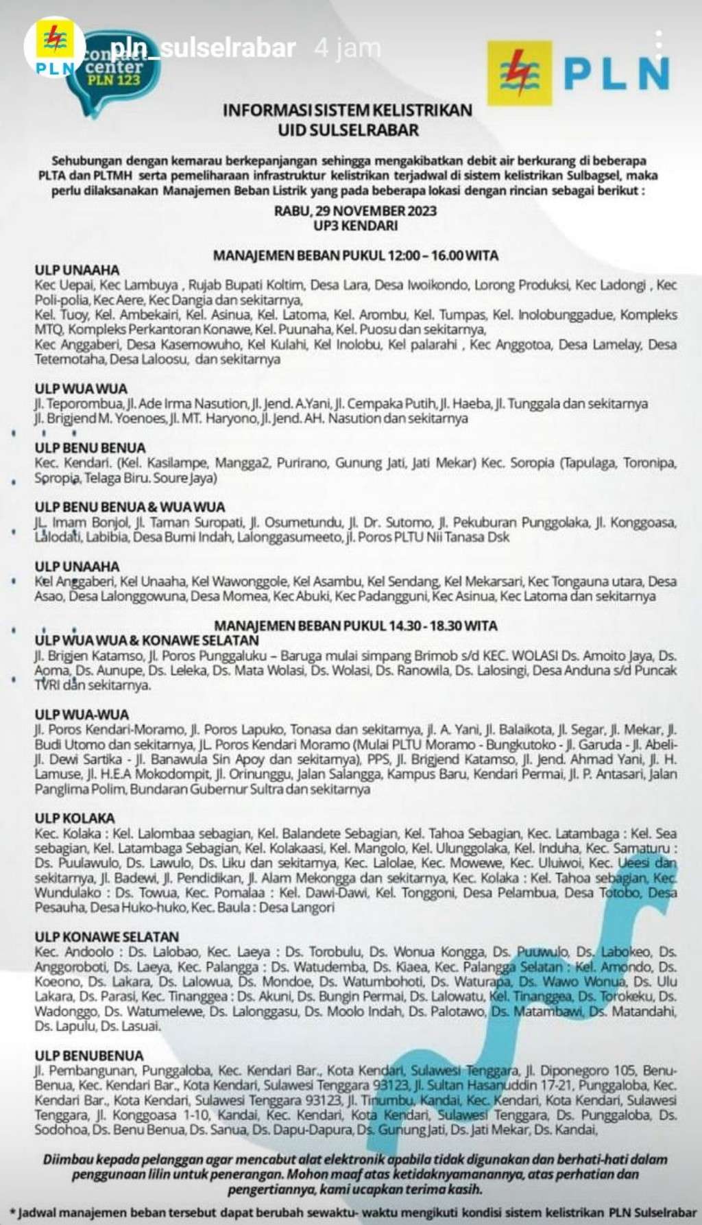 Jadwal Pemadaman Listrik di Kendari Hari Ini, 29 November 2023