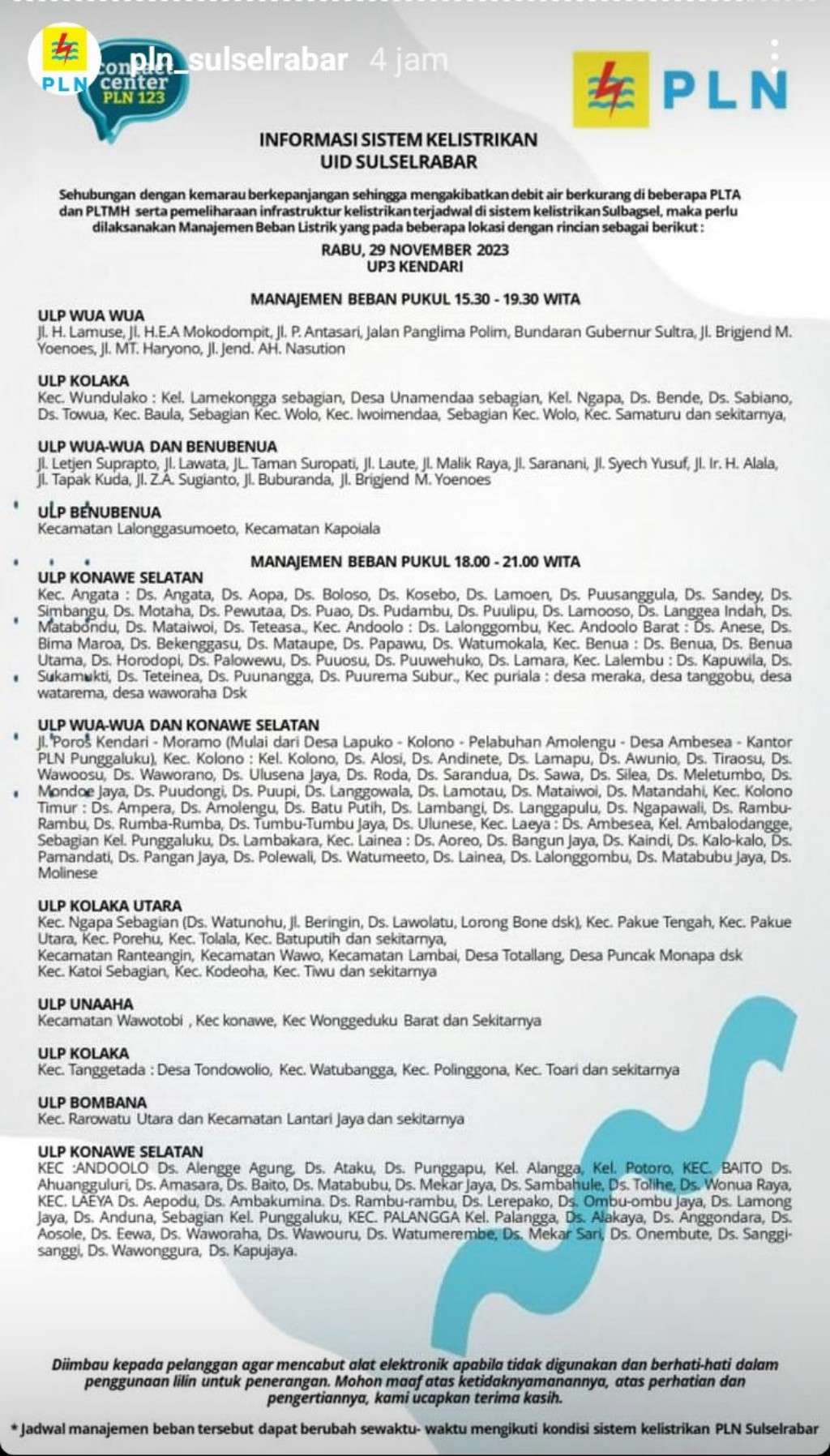 Jadwal Pemadaman Listrik di Kendari Hari Ini, 29 November 2023