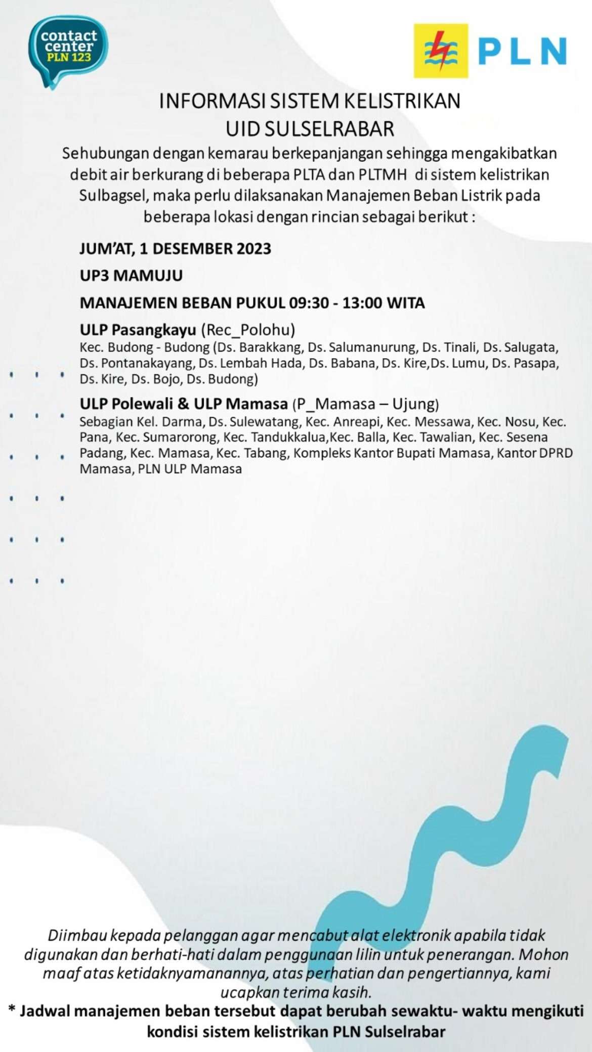 Pemadaman Listrik di Mamuju dan Sekitarnya Jumat 1 Desember, Cek Jadwalnya