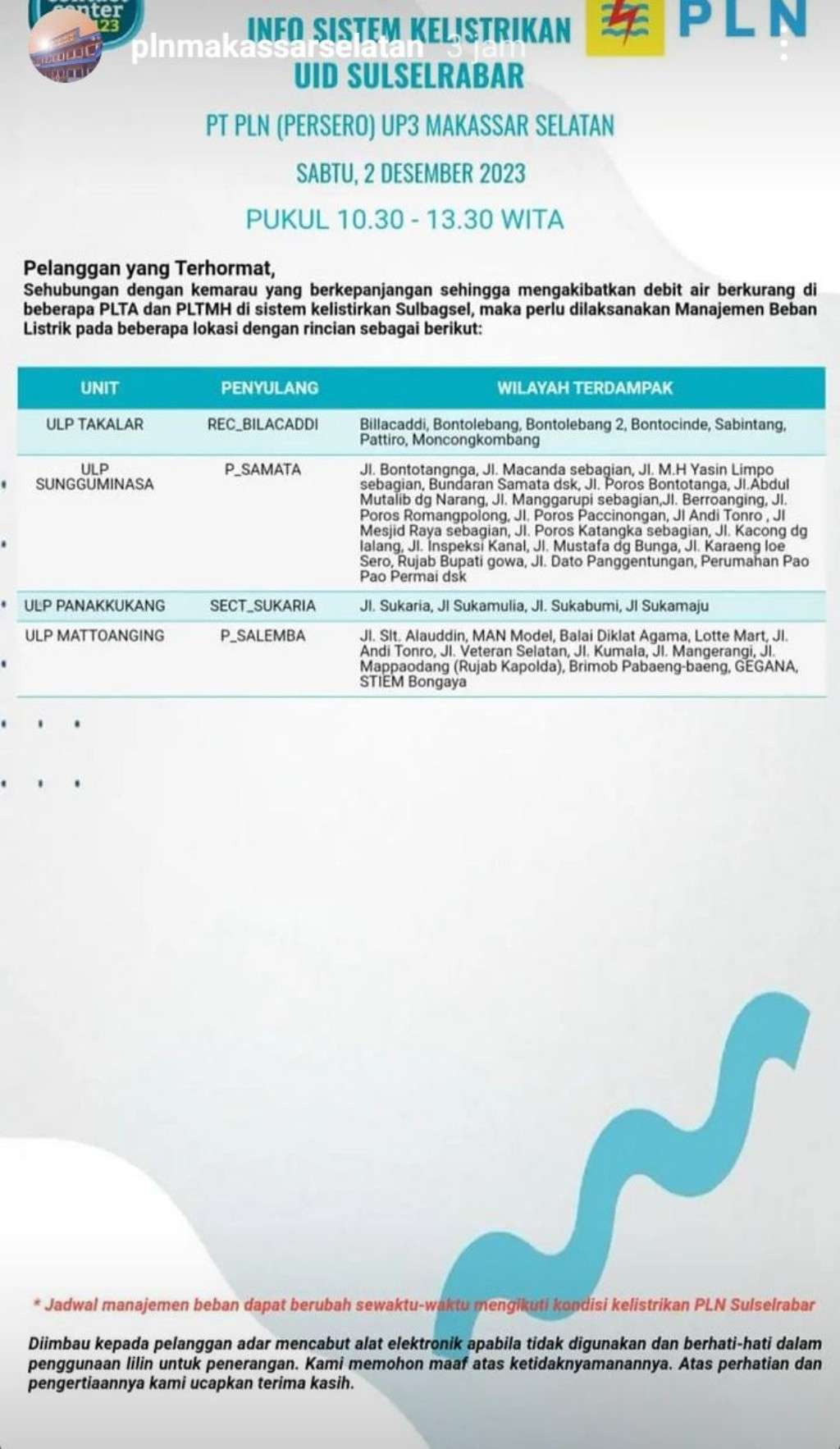 Jadwal Pemadaman Listrik di Makassar Hari Ini, 2 Desember 2023