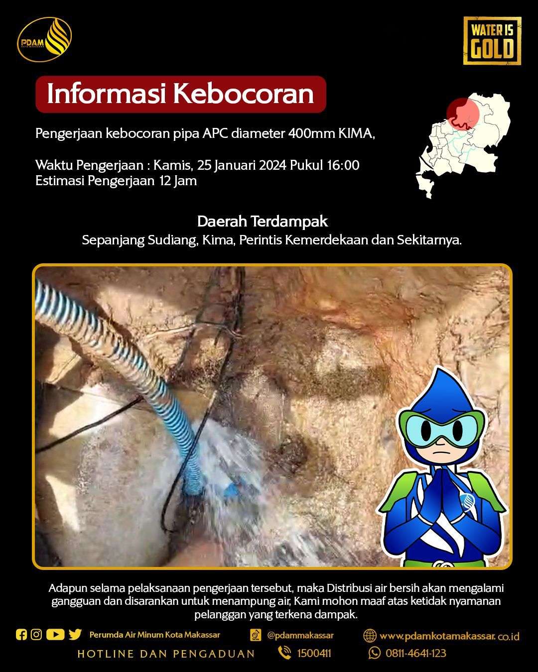 Kebocoran Pipa APC di KIMA Makassar, Distribusi Air Bersih Terganggu