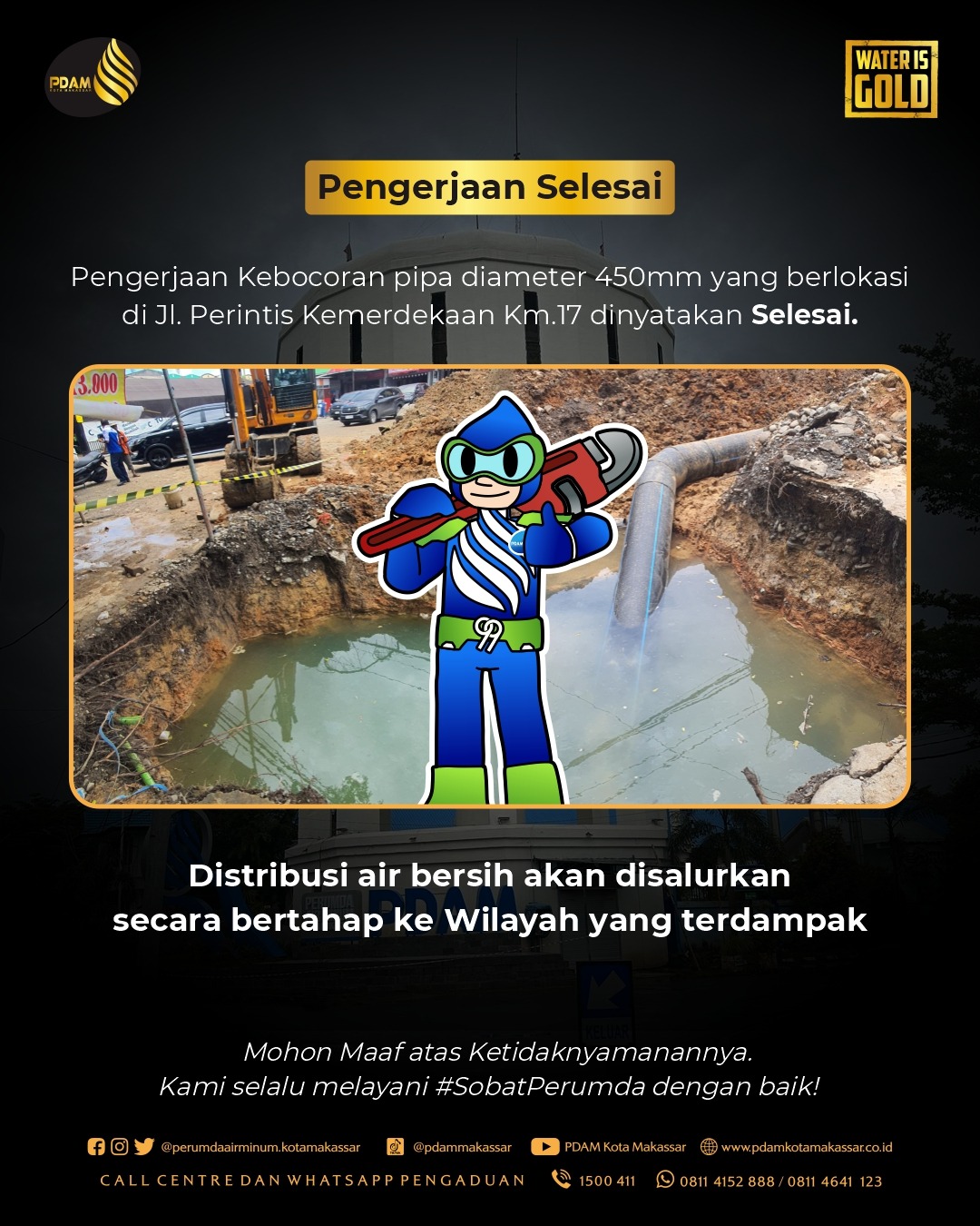 PDAM Makassar: Pengerjaan Kebocoran Pipa di Perintis Kemerdekaan Telah Selesai