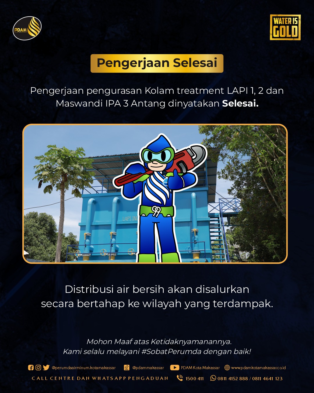 PDAM Makassar: Pengerjaan Pengurasan Kolam Treatment IPA 3 Antang Telah Selesai Dikerjakan