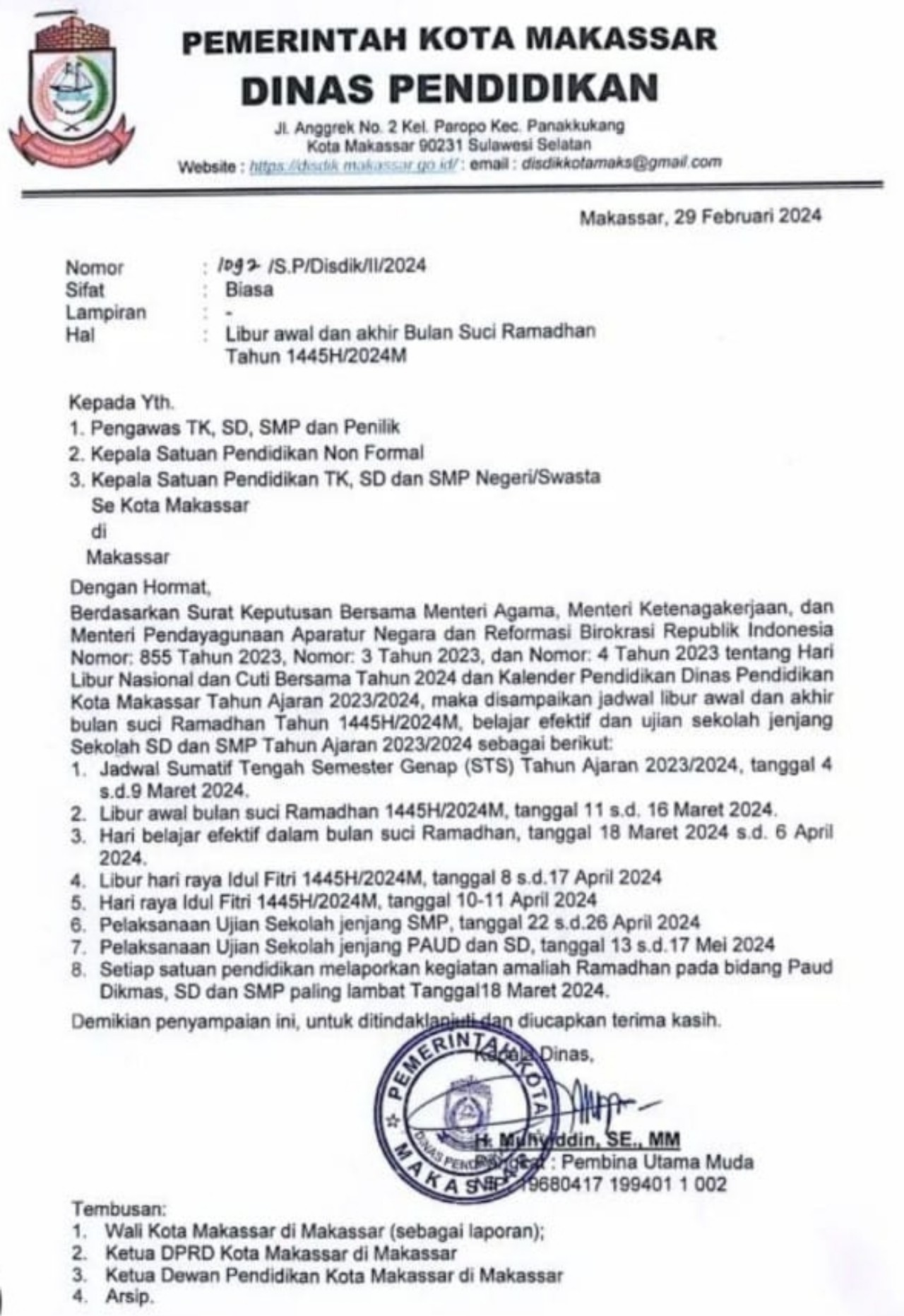 Siswa TK Sampai SMP di Makassar Libur Sekolah pada 11-16 Maret 2024, Ini Infonya