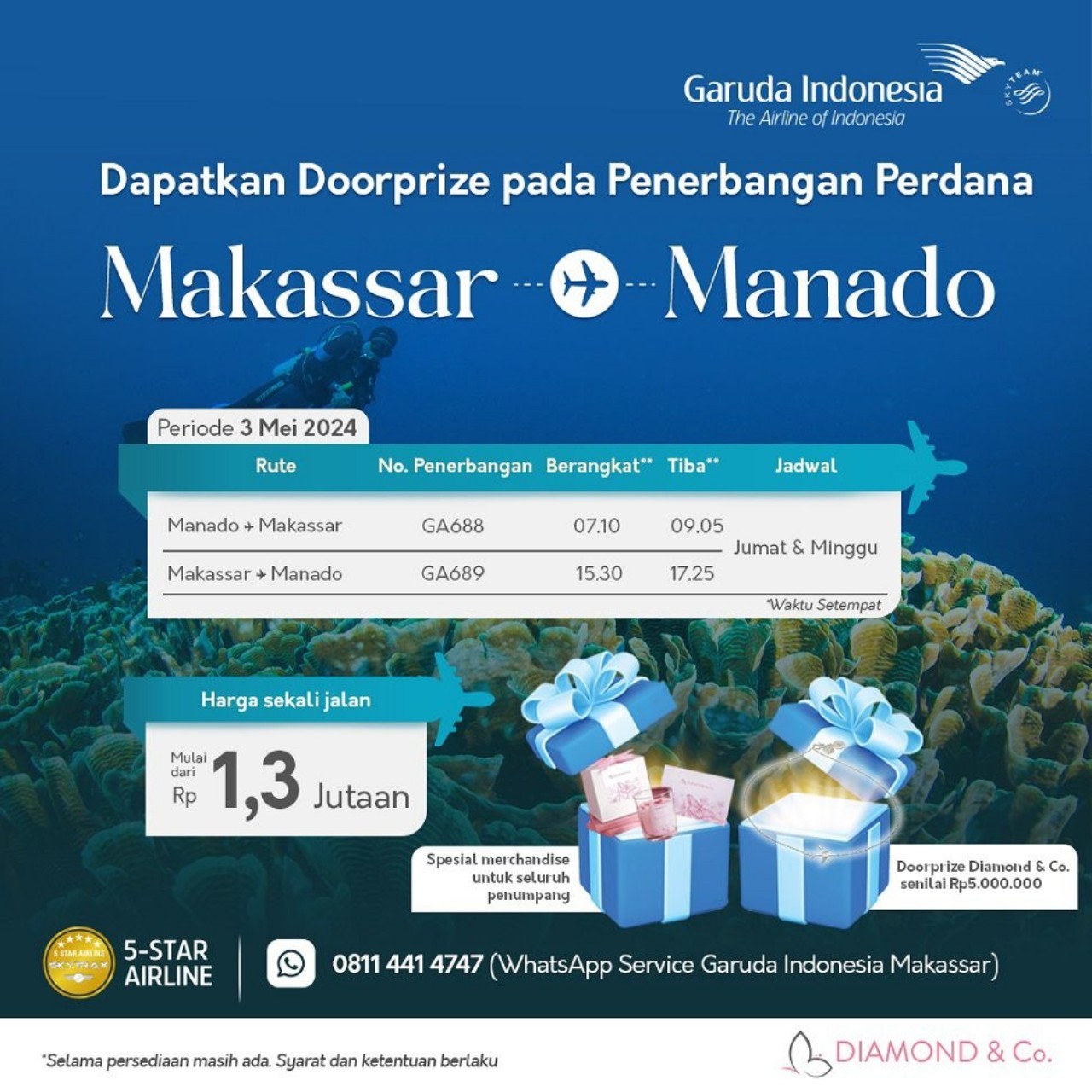 Mulai 3 Mei 2024, Garuda Indonesia Buka Rute Makassar – Manado PP, Tawarkan Tiket Promo Berhadiah Berlian