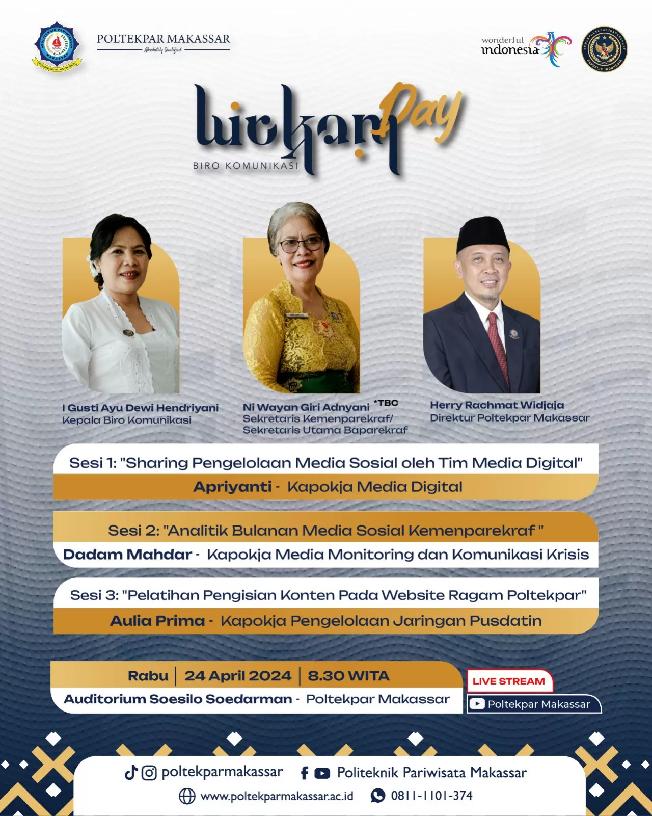 Poltekpar Makassar dan Birkom Kemenparekraf RI Bekali Civitas Akademika Pengelolaan Medsos dan Website