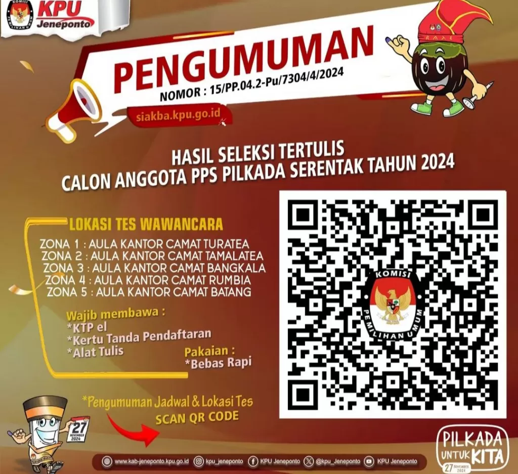 Intip Pengumuman KPU Jeneponto Hasil Tes Tertulis Calon Anggota PPS