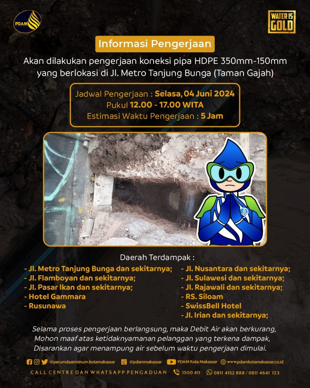 PDAM Makassar Lakukan Pengerjaan Koneksi Pipa di Metro Tanjung Bunga, Berikut Wilayah Terdampak