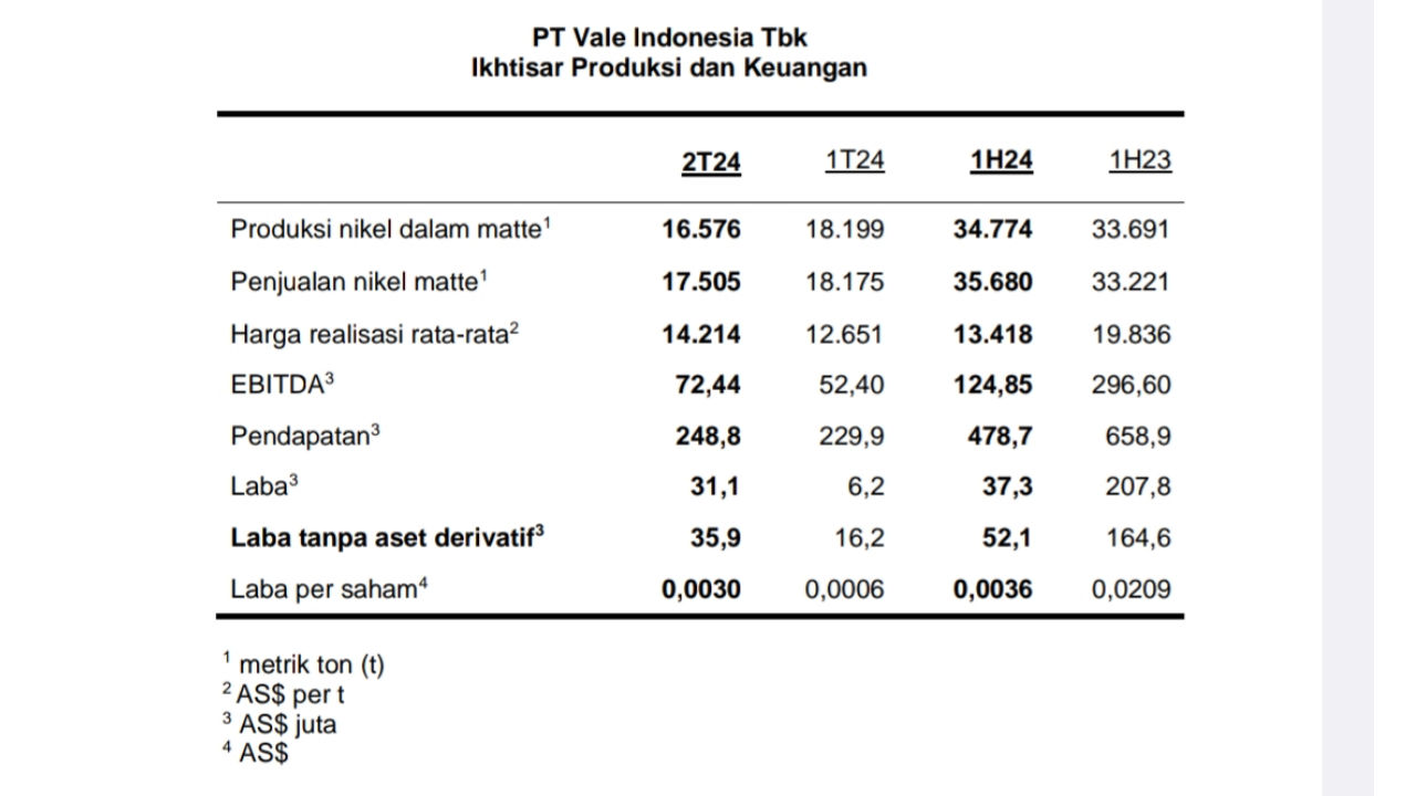 PT Vale Catat Perolehan Laba yang Lebih Tinggi pada Triwulan Kedua 2024