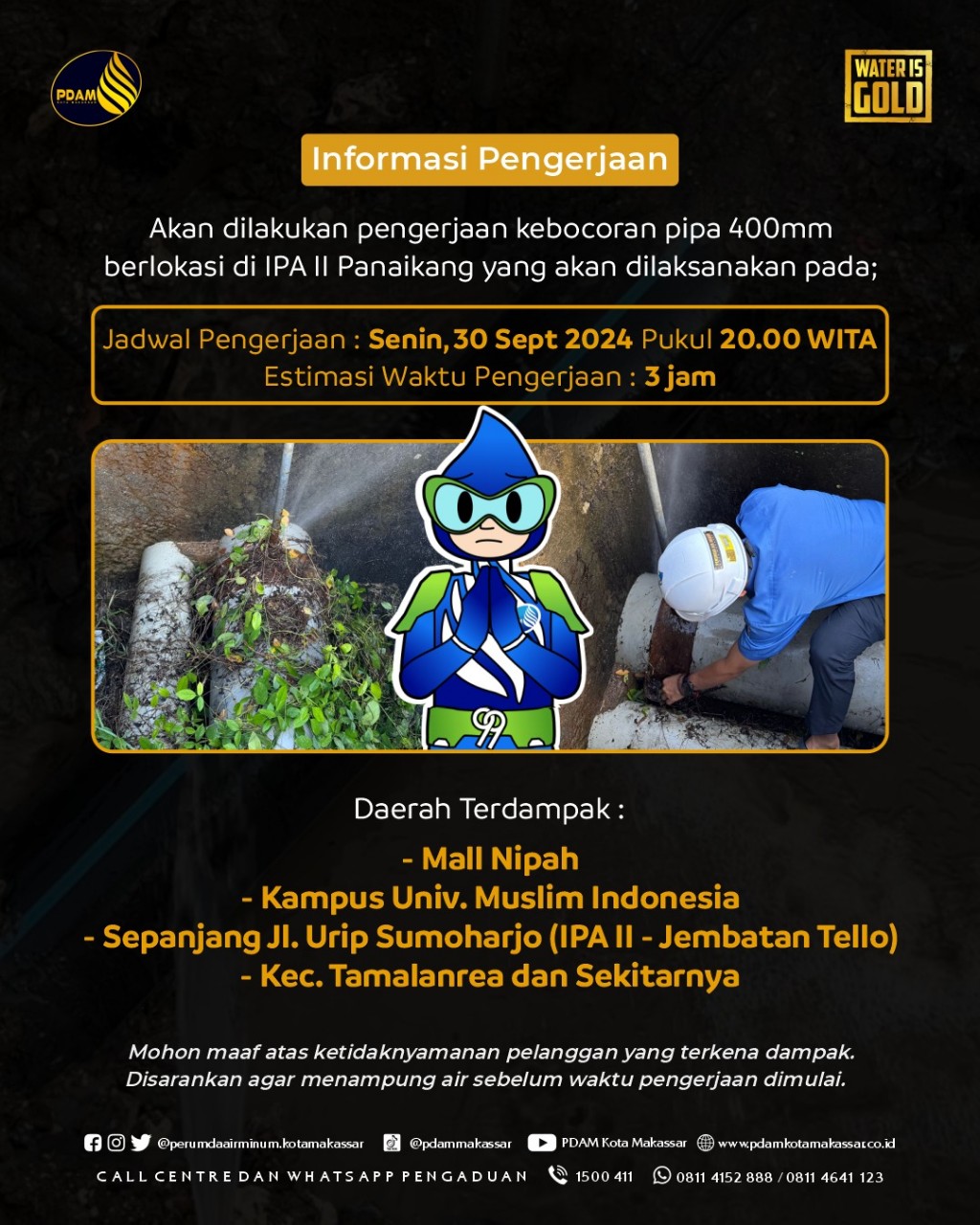 Pipa PDAM Kota Makassar di IPA II Panaikang Bocor, Distribusi Air di Tamalanrea Alami Gangguan