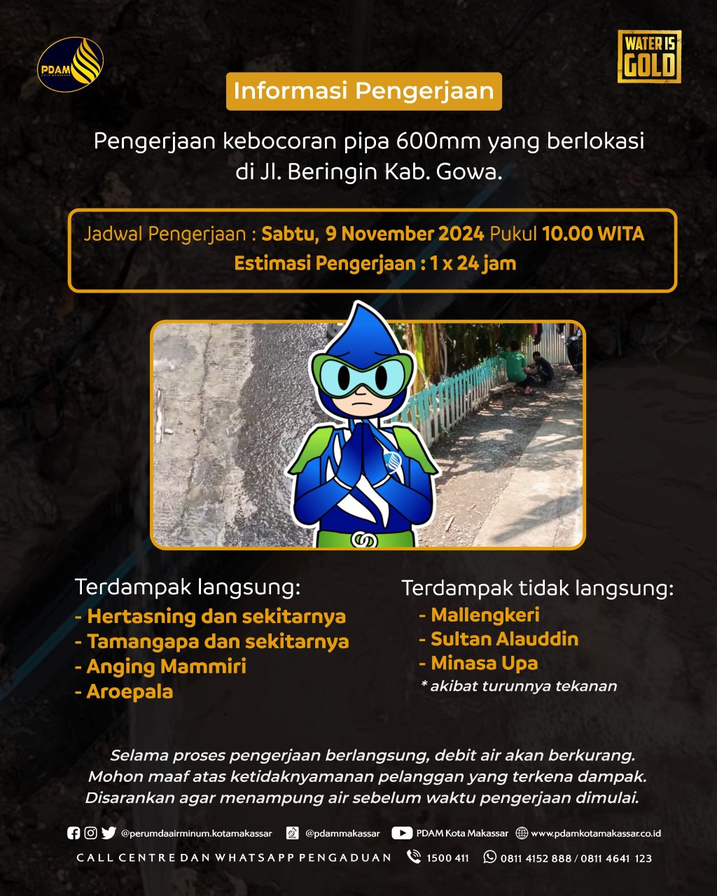 Ada Pengerjaan Kebocoran Pipa PDAM Makassar di Jalan Beringin Gowa, Berikut Wilayah Terdampak