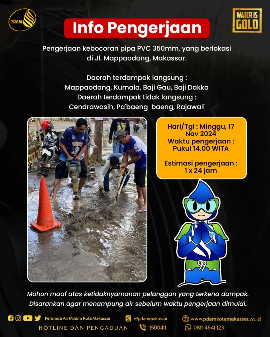 PDAM Makassar Lakukan Pengerjaan Kebocoran Pipa di Mappaodang, Berikut Wilayah Terdampak