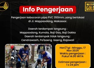 PDAM Makassar Lakukan Pengerjaan Kebocoran Pipa di Mappaodang, Berikut Wilayah Terdampak