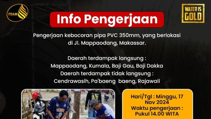 PDAM Makassar Lakukan Pengerjaan Kebocoran Pipa di Mappaodang, Berikut Wilayah Terdampak pdam makassar