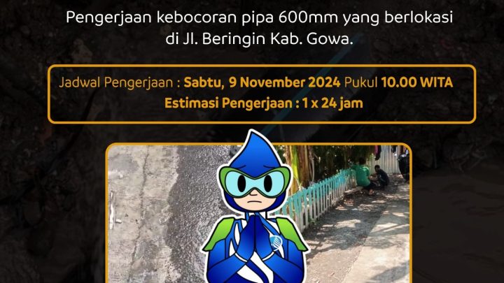 Ada Pengerjaan Kebocoran Pipa PDAM Makassar di Jalan Beringin Gowa, Berikut Wilayah Terdampak pipa pdam makassar