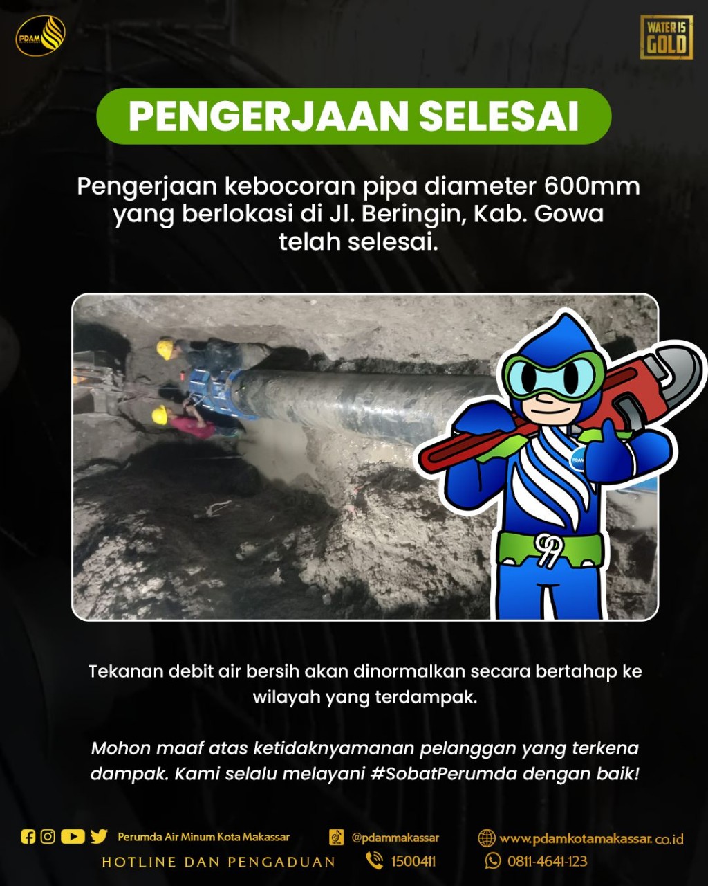 Pengerjaan Kebocoran Pipa PDAM Makassar di Jalan Beringin Gowa Selesai, Debit Air Perlahan Dinormalkan