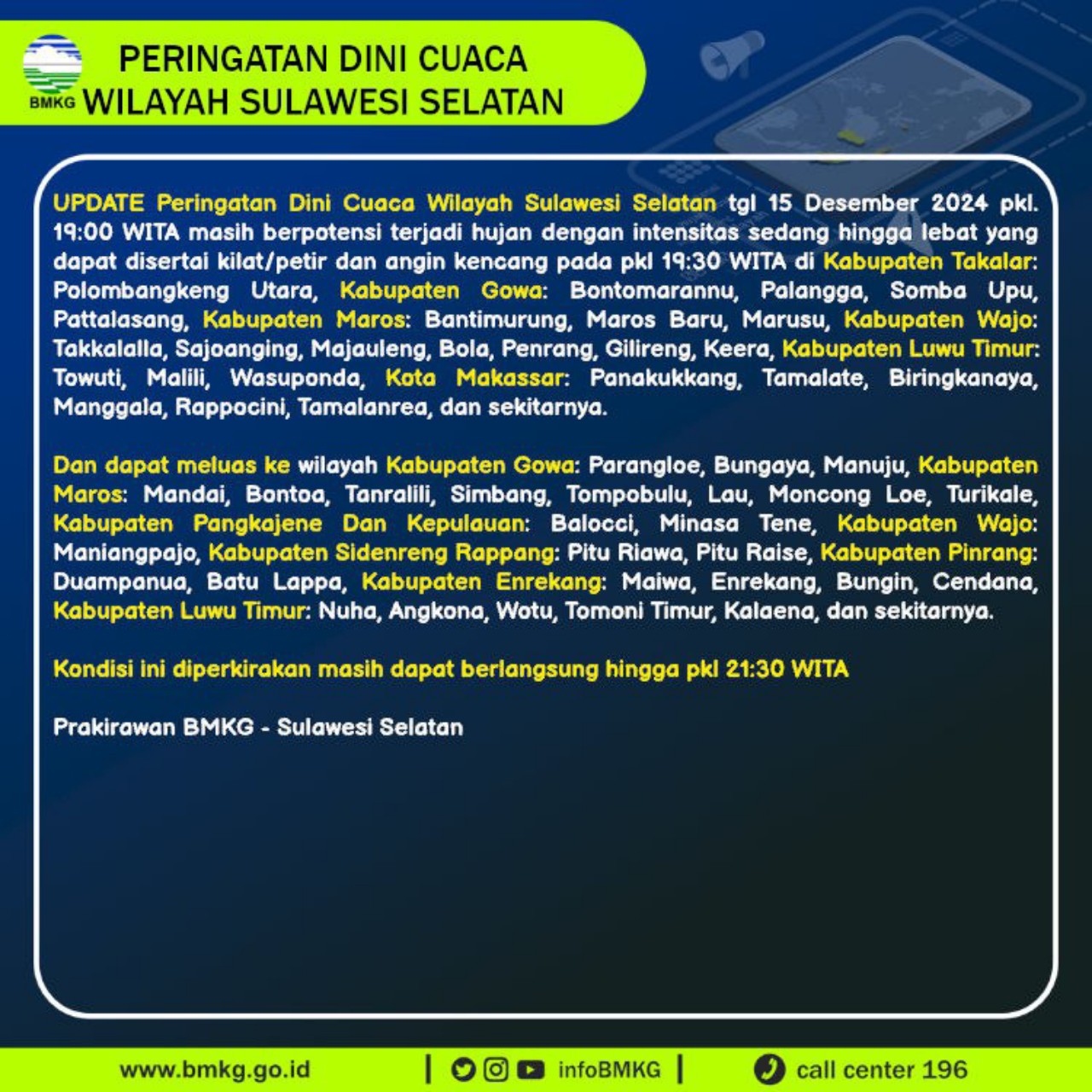 Update Peringatan Dini Cuaca: Hujan Lebat dan Angin Kencang Diprediksi Landa Sulsel hingga Pukul 21.30 WITA