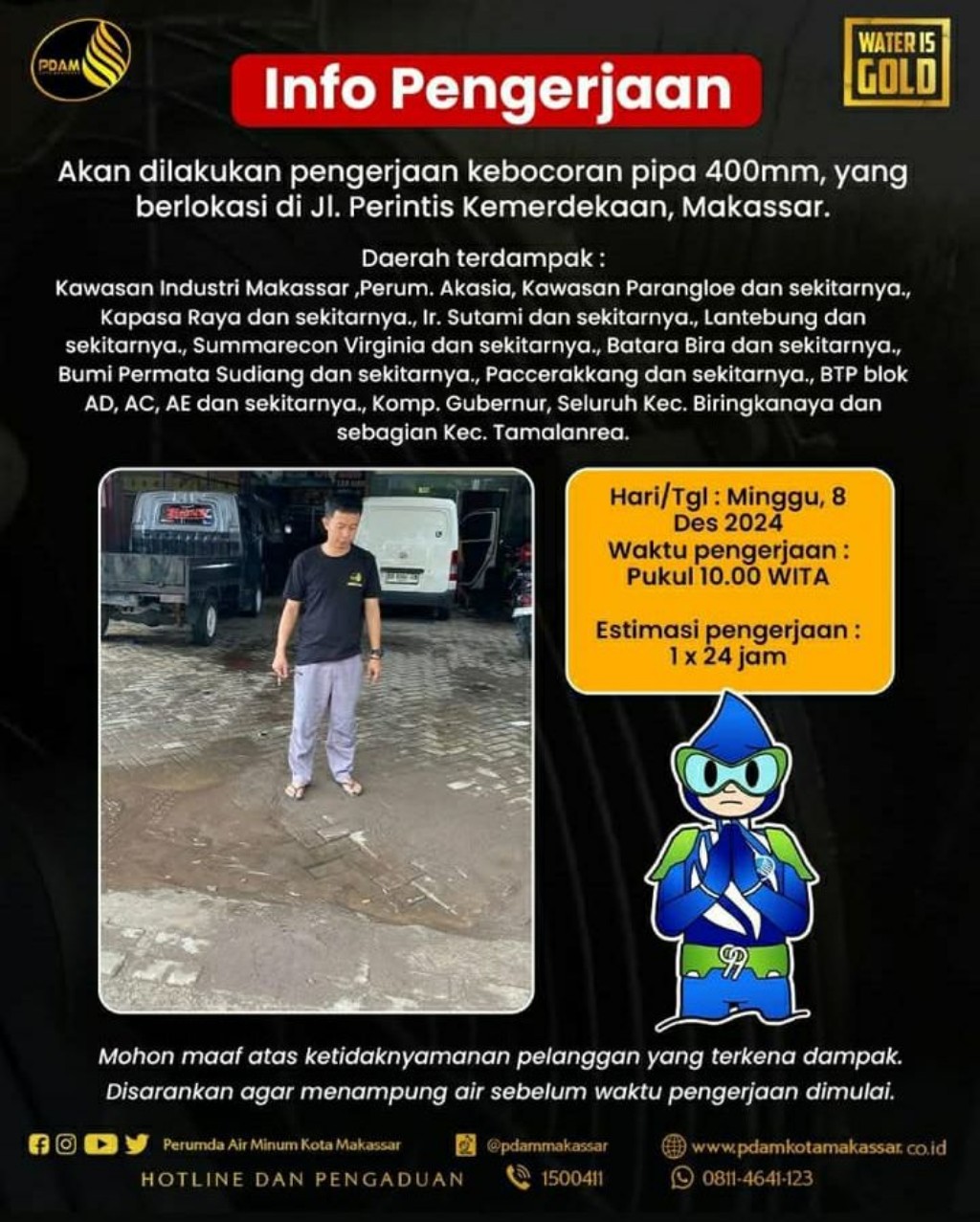PDAM Makassar Lakukan Pengerjaan Kebocoran Pipa di Perintis Kemerdekaan, Berikut Wilayah Terdampak