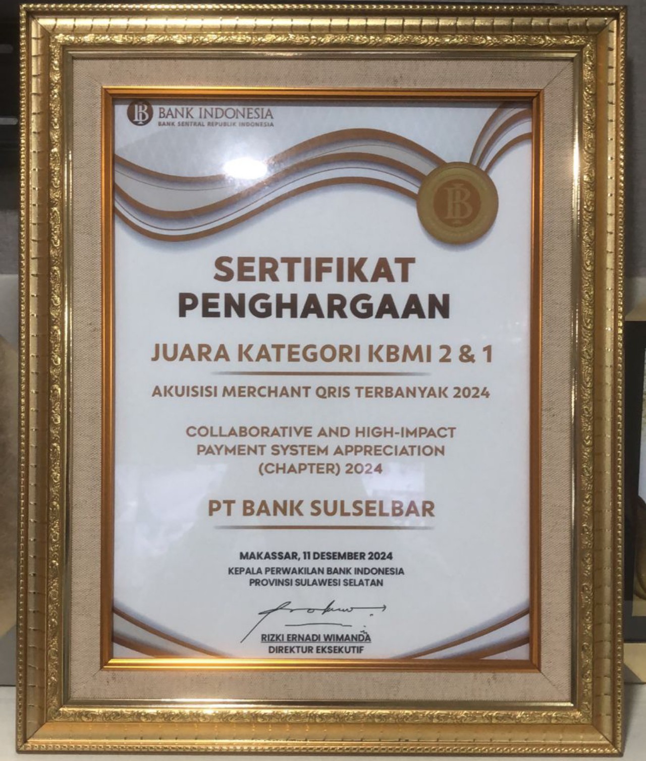 Bank Sulselbar Raih Sejumlah Penghargaan dari Bank Indonesia