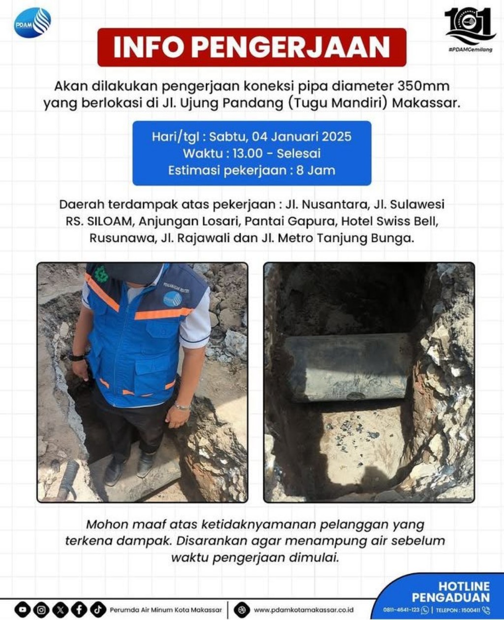PDAM Makassar Lakukan Pengerjaan Koneksi Pipa di Jalan Ujung Pandang, Berikut Wilayah Terdampak
