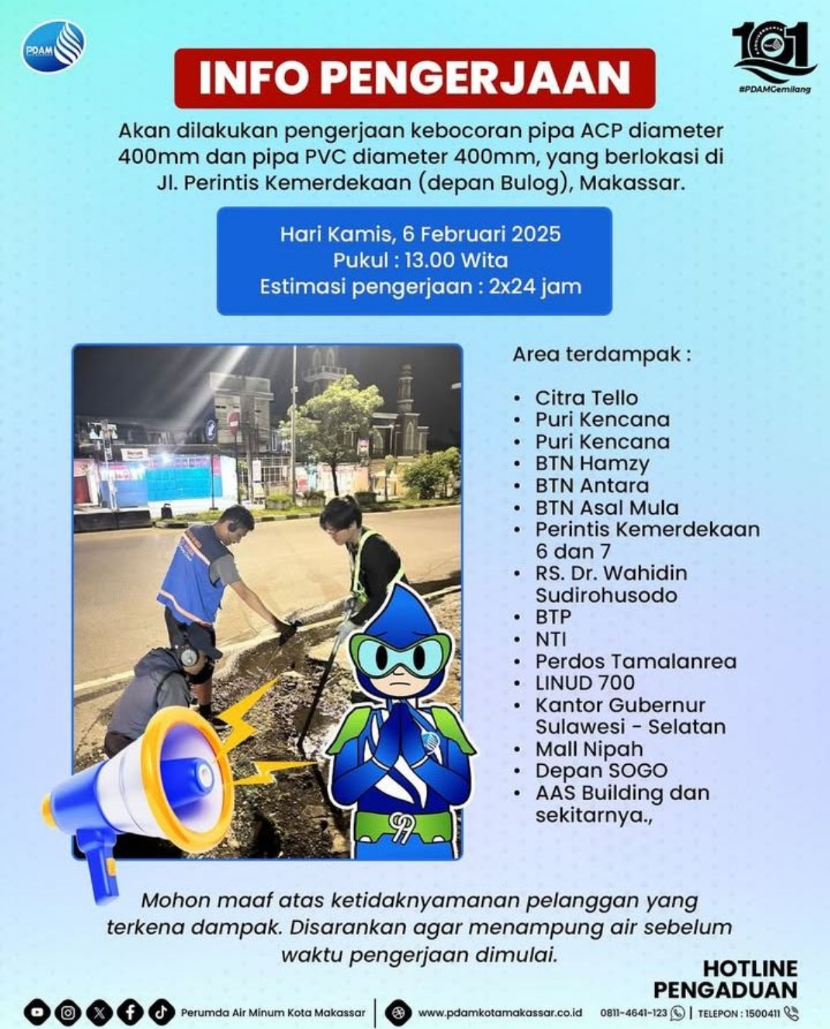 PDAM Makassar Lakukan Pengerjaan Kebocoran Pipa di Perintis Kemerdekaan, Berikut Wilayah Terdampak