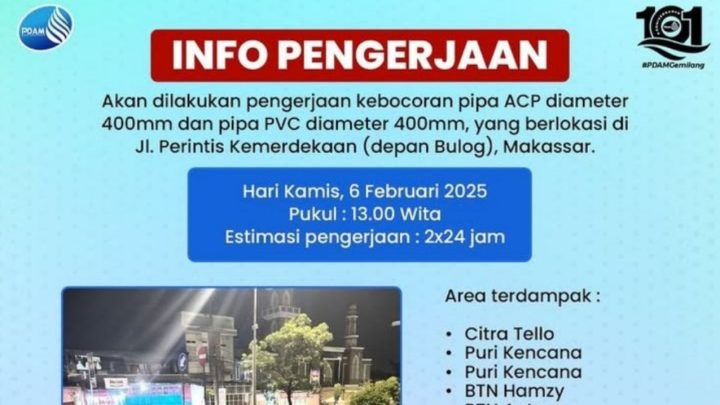 PDAM Makassar Lakukan Pengerjaan Kebocoran Pipa di Perintis Kemerdekaan, Berikut Wilayah Terdampak pdam makassar
