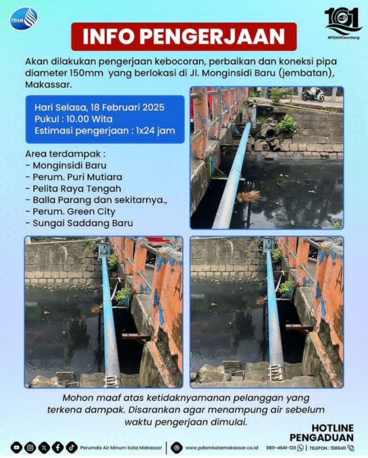 PDAM Makassar Lakukan Pengerjaan Kebocoran Pipa di Monginsidi Baru, Berikut Wilayah Terdampak