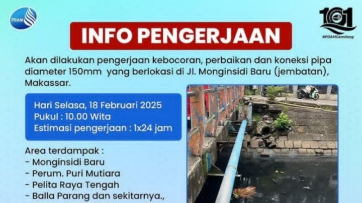 PDAM Makassar Lakukan Pengerjaan Kebocoran Pipa di Monginsidi Baru, Berikut Wilayah Terdampak pdam makassar