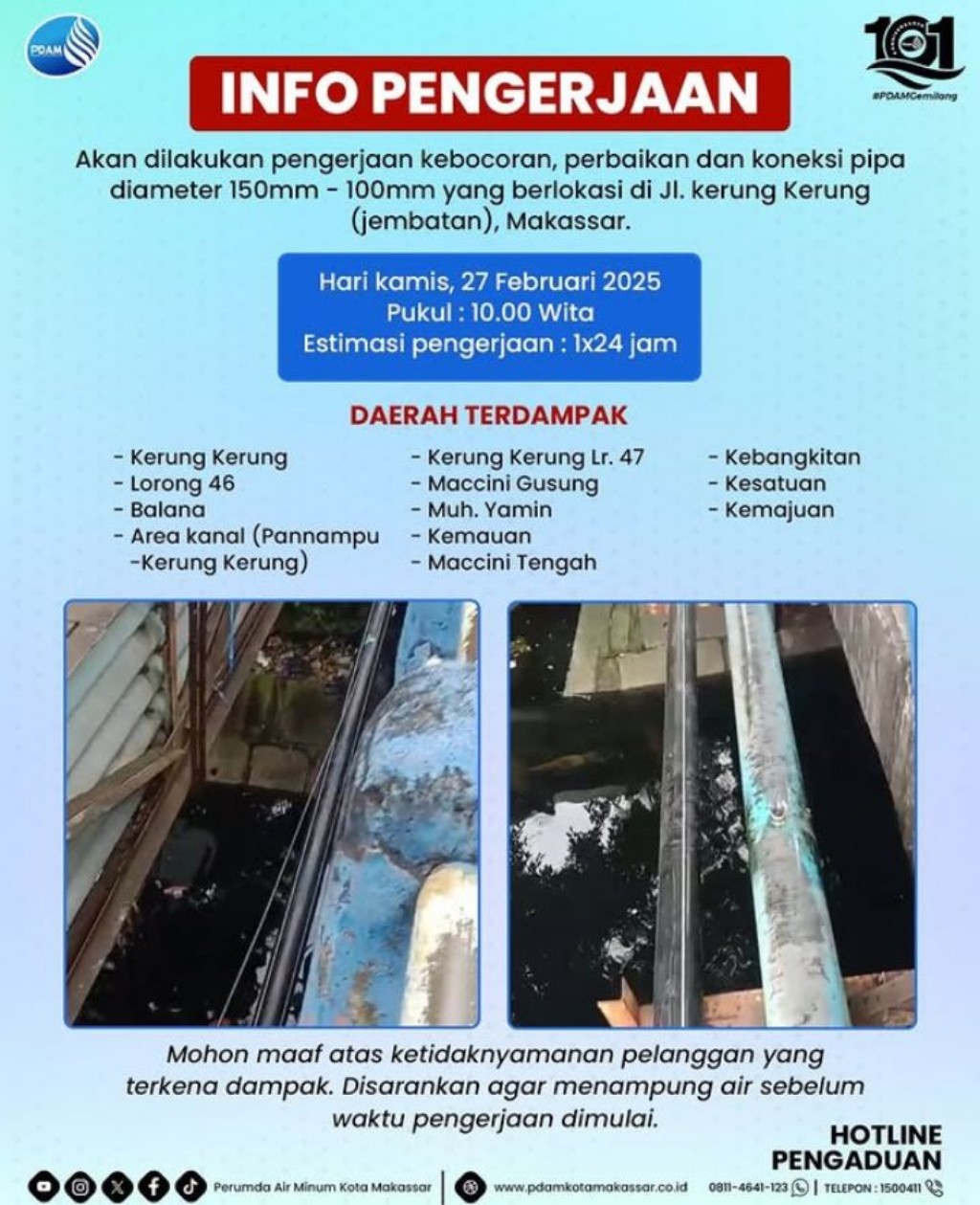 PDAM Makassar Perbaiki Pipa yang Bocor di Jalan Kerung-Kerung