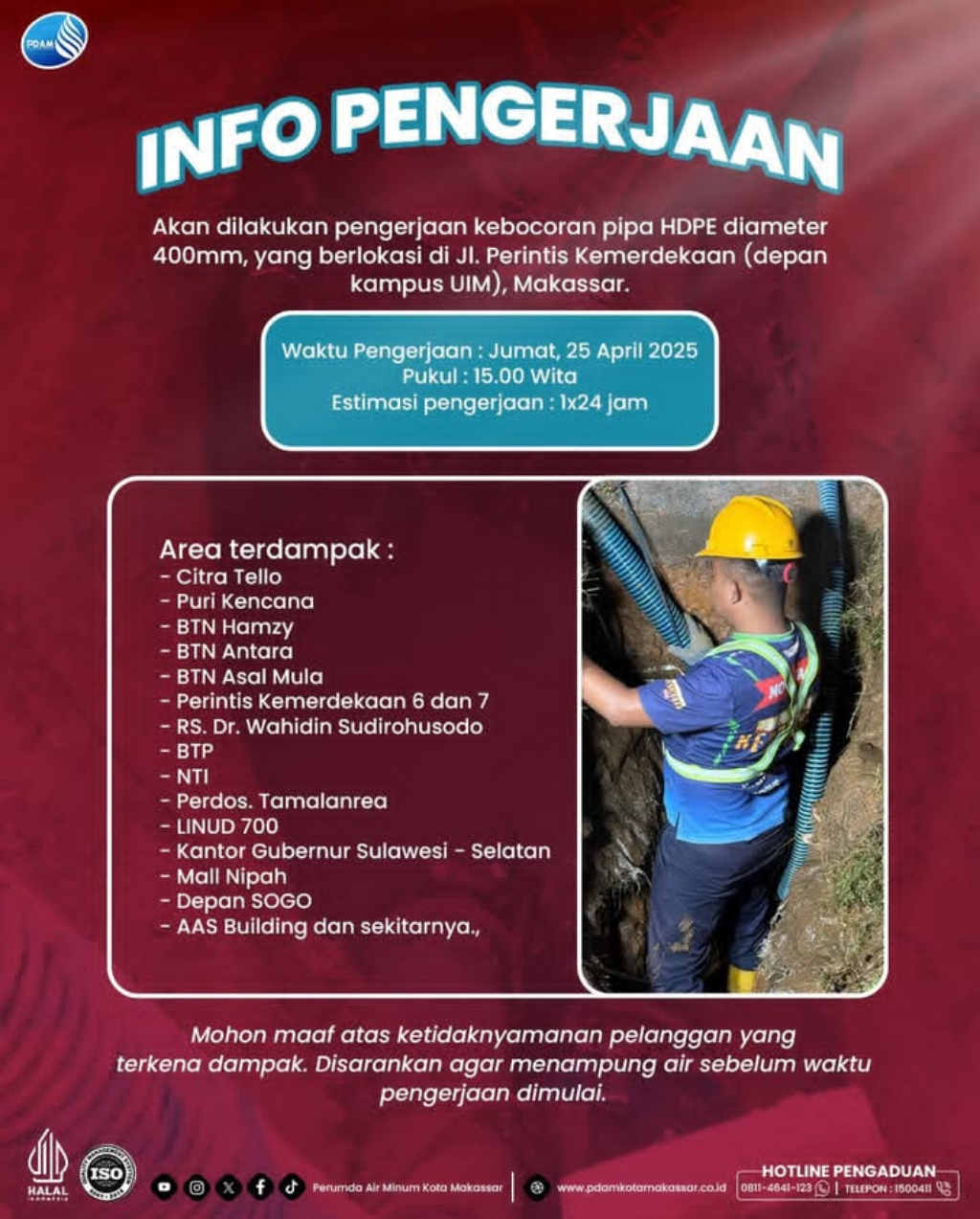 PDAM Makassar Lakukan Pengerjaan Kebocoran Pipa di Perintis Kemerdekaan, Berikut Wilayah Terdampak