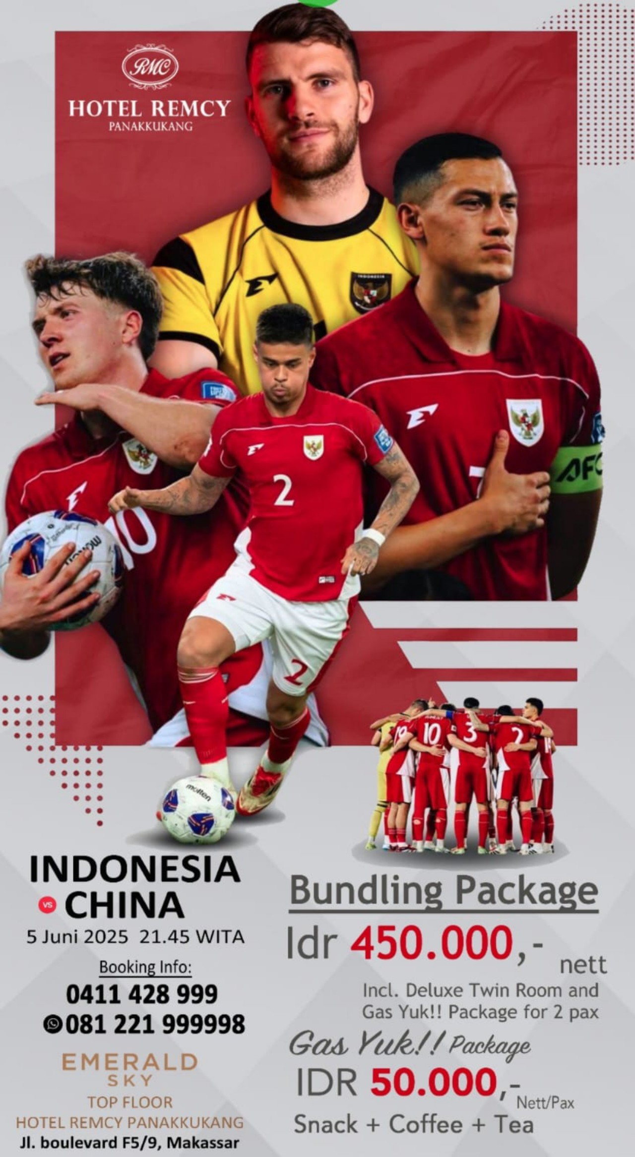 Hotel Remcy Panakkukang Makassar Tawarkan Paket Nobar Laga Timnas Indonesia Vs China