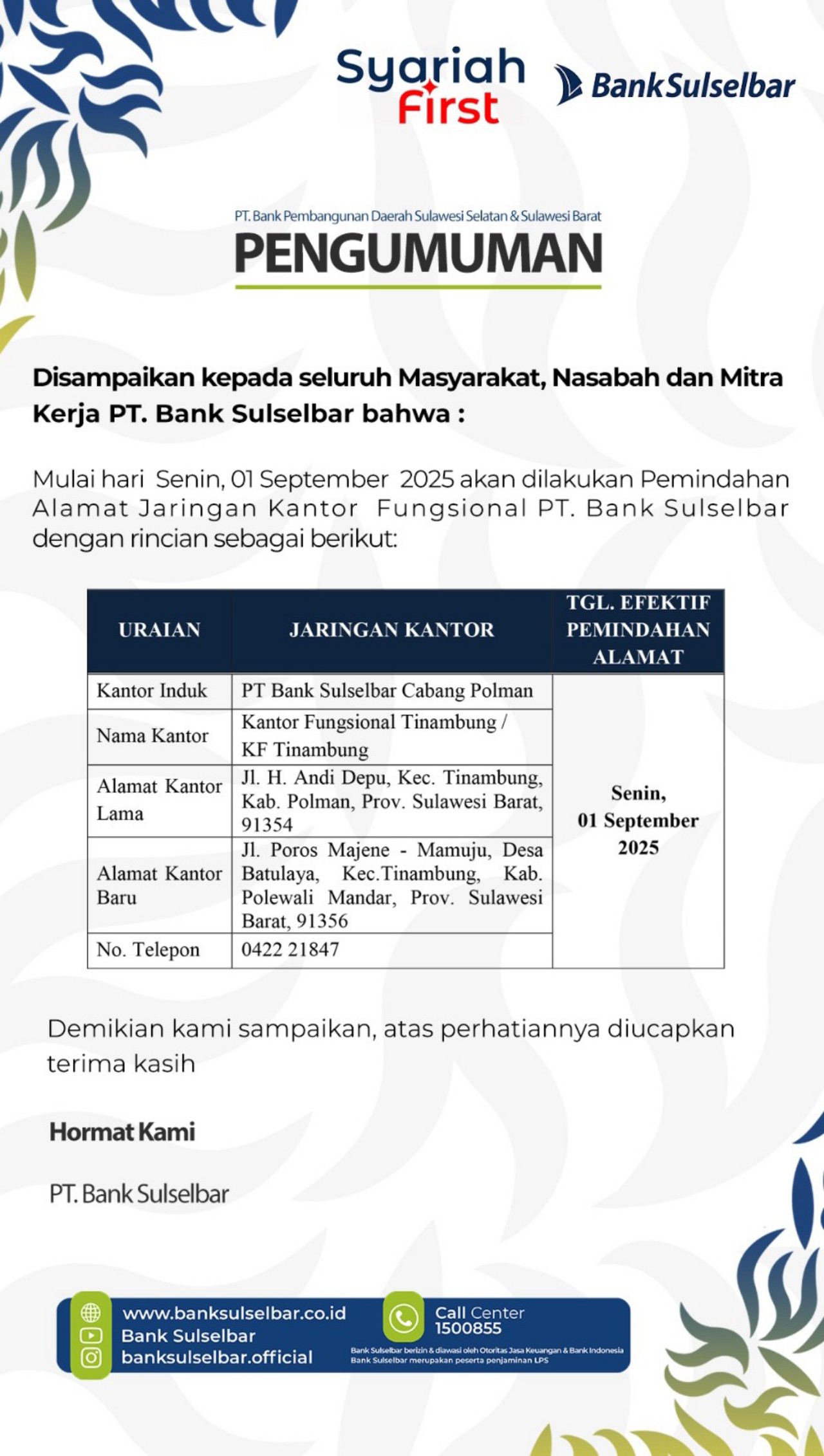 Pengumuman Pemindahan Alamat Jaringan Kantor Fungsional Bank Sulselbar Cabang Polman Sulbar