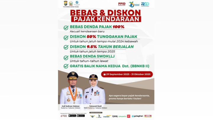 Pemprov Sulsel Berlakukan Bebas 100 Persen Denda, Diskon Tunggakan Hingga 50 Persen dan Diskon Tahun Berjalan 9,5 Persen Pemprov Sulsel