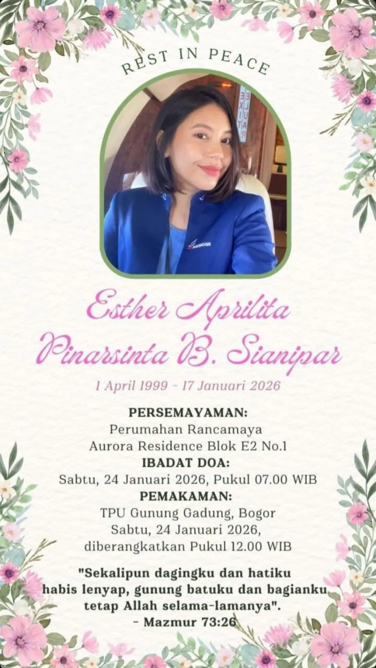 Jenazah Ditemukan Kondisi Baik, Esther Aprilita Pramugari Korban ATR 42-500 Dimakamkan di Bogor