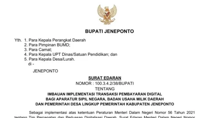 Dorong Digitalisasi Daerah, Bupati Jeneponto Terbitkan SE Implementasi Transaksi Nontunai bagi ASN hingga Pemerintah Desa