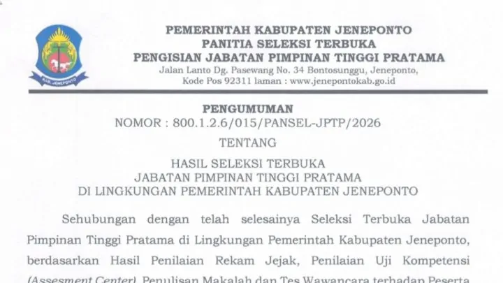 Intip Pengumuman Hasil Selter Jabatan Pimpinan Tinggi Pratama Pemkab Jeneponto