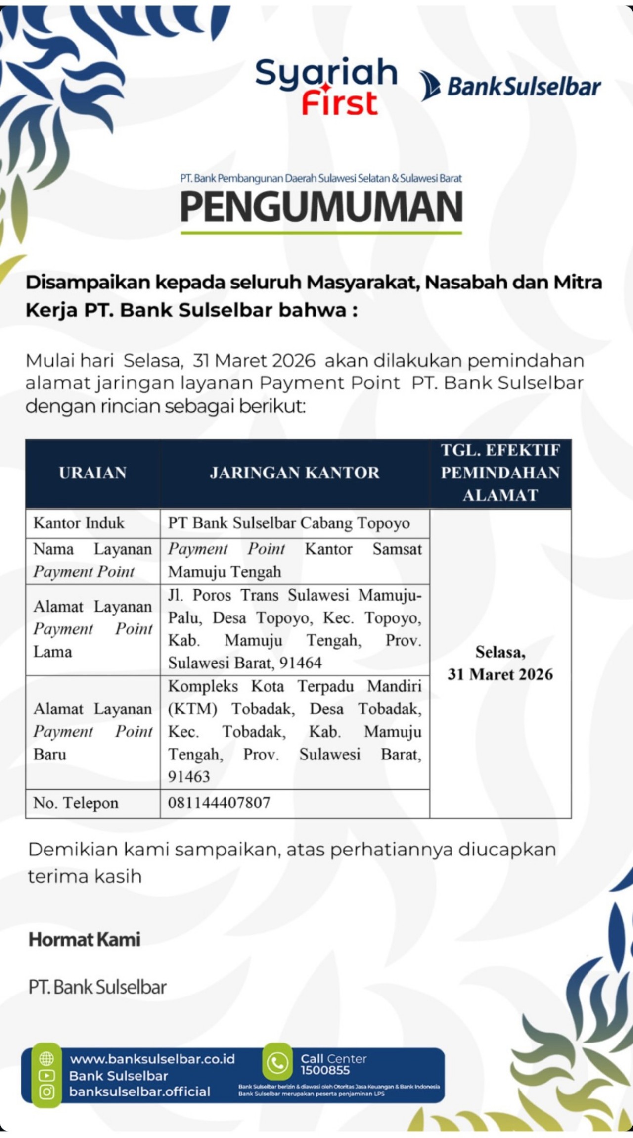 Bank Sulselbar Umumkan Pemindahan Alamat Payment Point Samsat Mamuju Tengah Mulai 31 Maret 2026