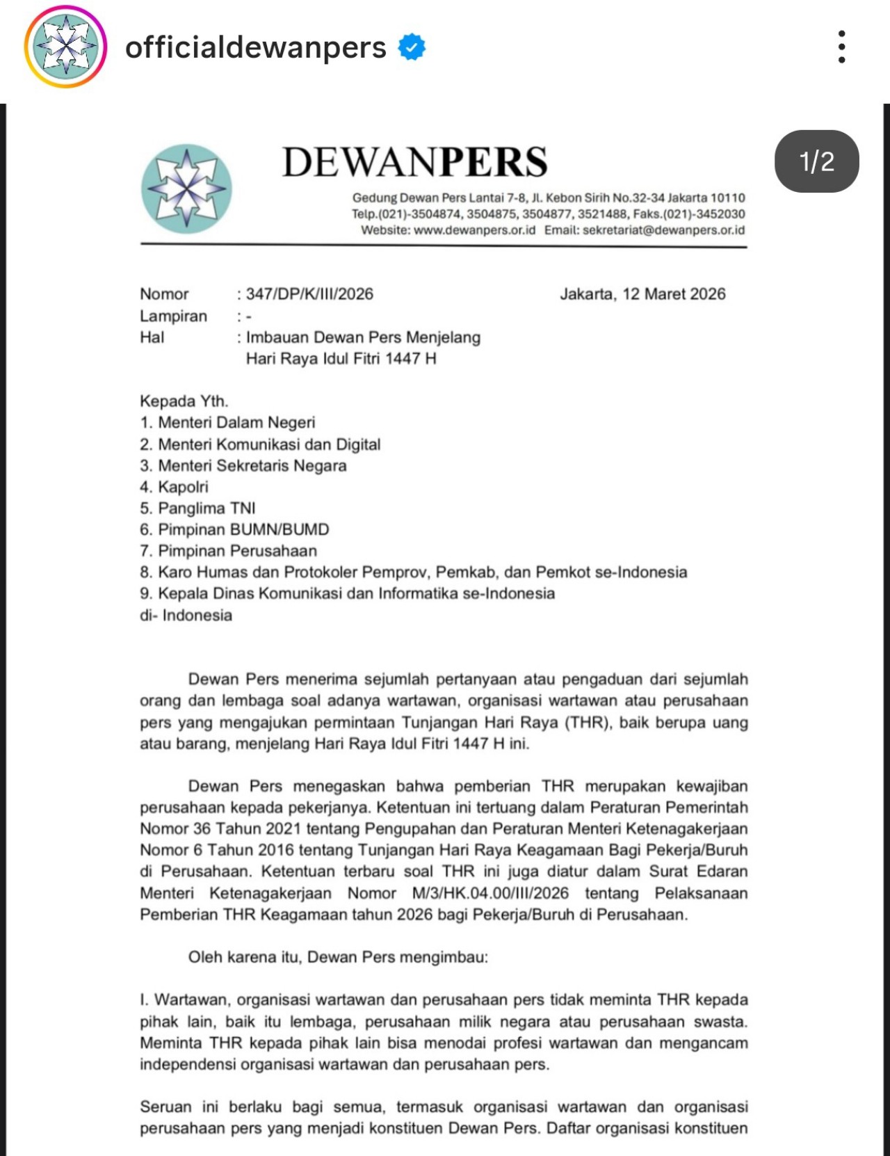 Dewan Pers Tegas: Wartawan dan Perusahaan Pers Dilarang Minta THR ke Instansi