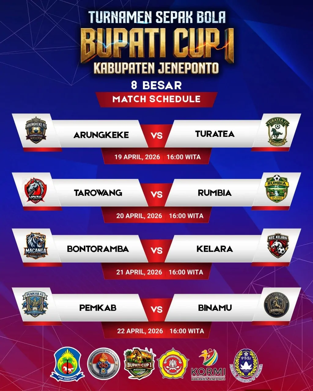Delapan Kesebelasan Bakal Memperebutkan Tiket Semifinal Turnamen Bupati Cup I Jeneponto, ini Jadwalnya