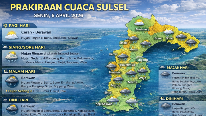 Prakiraan Cuaca Sulsel Senin 6 April, Siang hingga Malam Berpotensi Hujan Prakiraan cuaca Sulsel