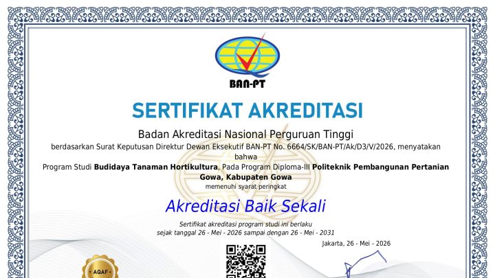 Bukti Komitmen Cetak SDM Unggul, Prodi BTH Polbangtan Kementan Raih Akreditasi "Baik Sekali" Polbangtan Gowa