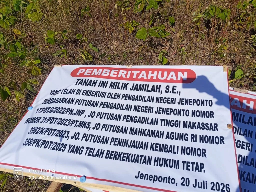 Perjuangan 17 Tahun Hj Jamilah Berbuah Hasil, MA Kabulkan PK, PN Jeneponto Eksekusi Lahan 8 Hektar